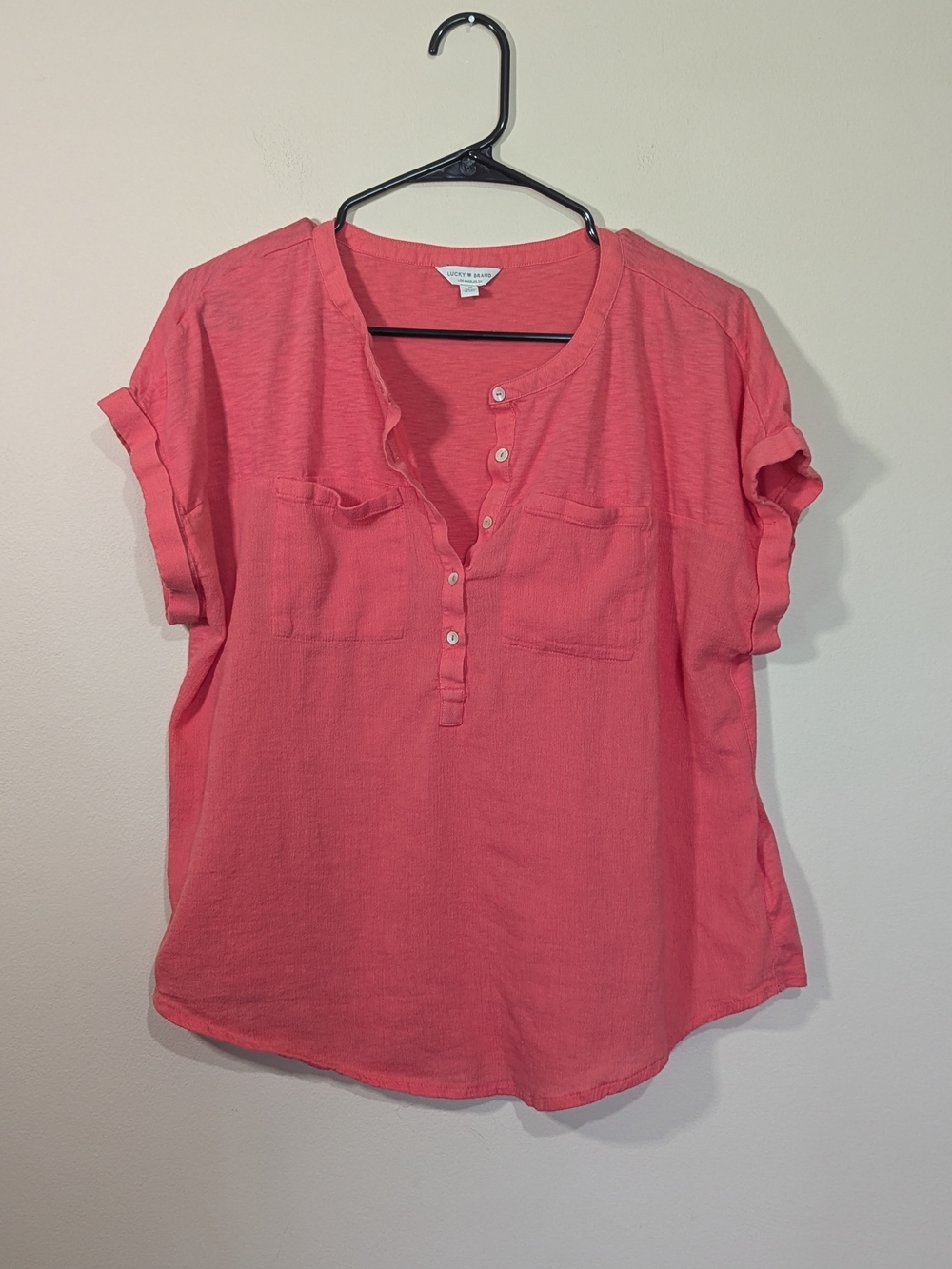 Lucky Brand Coral Pink Button Front Top Womens Large Boho Short Sleeve Lightweig